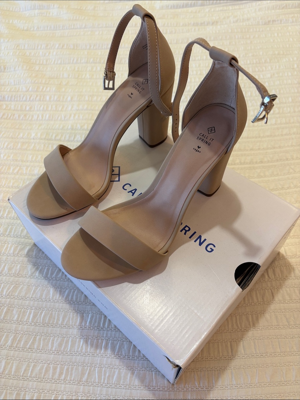 Call It Spring Beige Ankle-Strap Block Heels